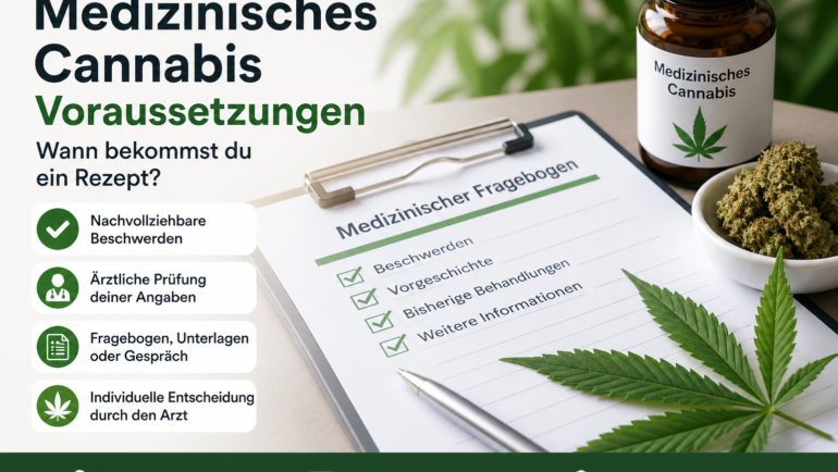 Medizinisches Cannabis Voraussetzungen: Ratgeber zu Rezeptbedingungen mit medizinischem Fragebogen, Cannabisblüten und Arztprüfung