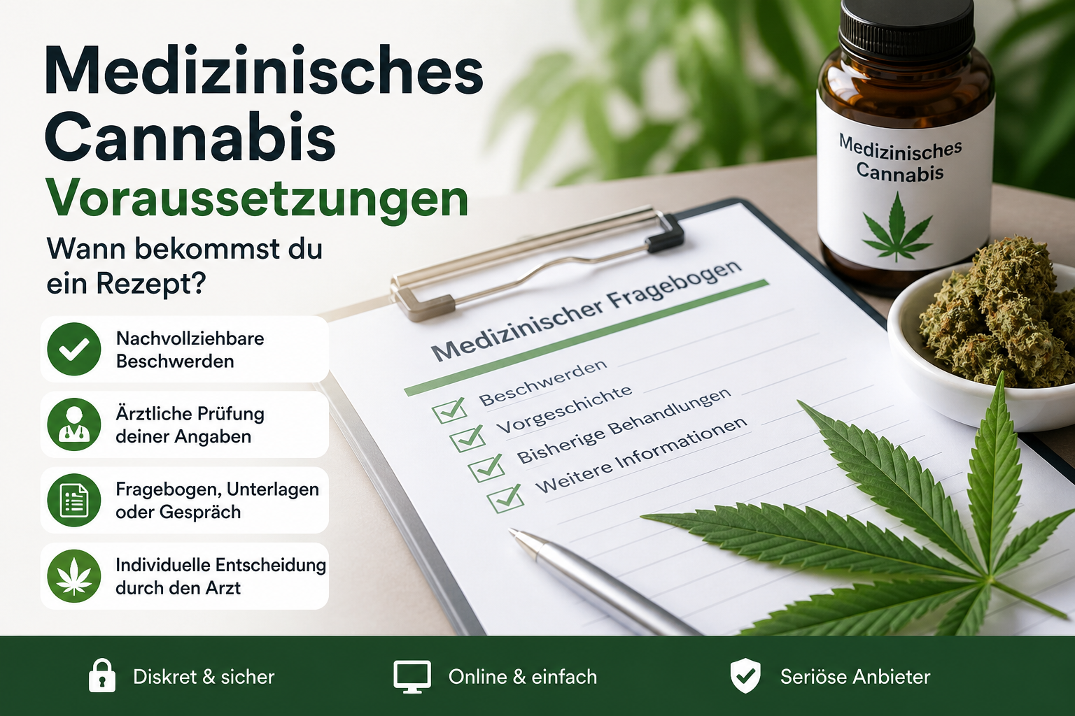 Medizinisches Cannabis Voraussetzungen: Ratgeber zu Rezeptbedingungen mit medizinischem Fragebogen, Cannabisblüten und Arztprüfung