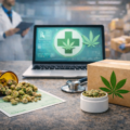 Cannabis-Rezept online Vergleich: medizinische Cannabisblüten, Versandpaket und Privatrezept als Symbol für Telemedizinanbieter