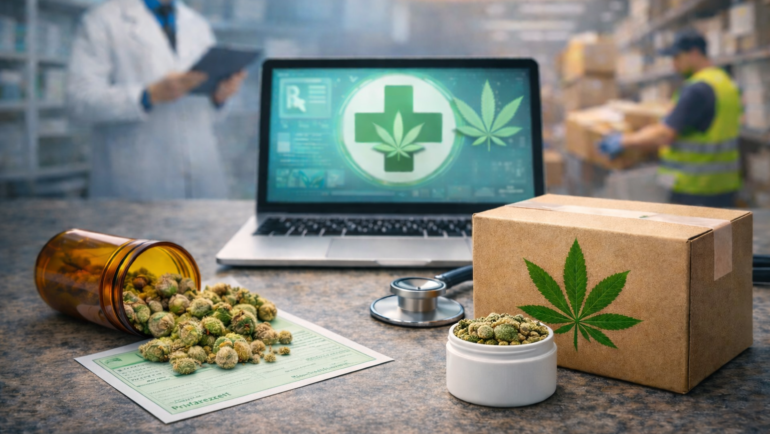 Cannabis-Rezept online Vergleich: medizinische Cannabisblüten, Versandpaket und Privatrezept als Symbol für Telemedizinanbieter