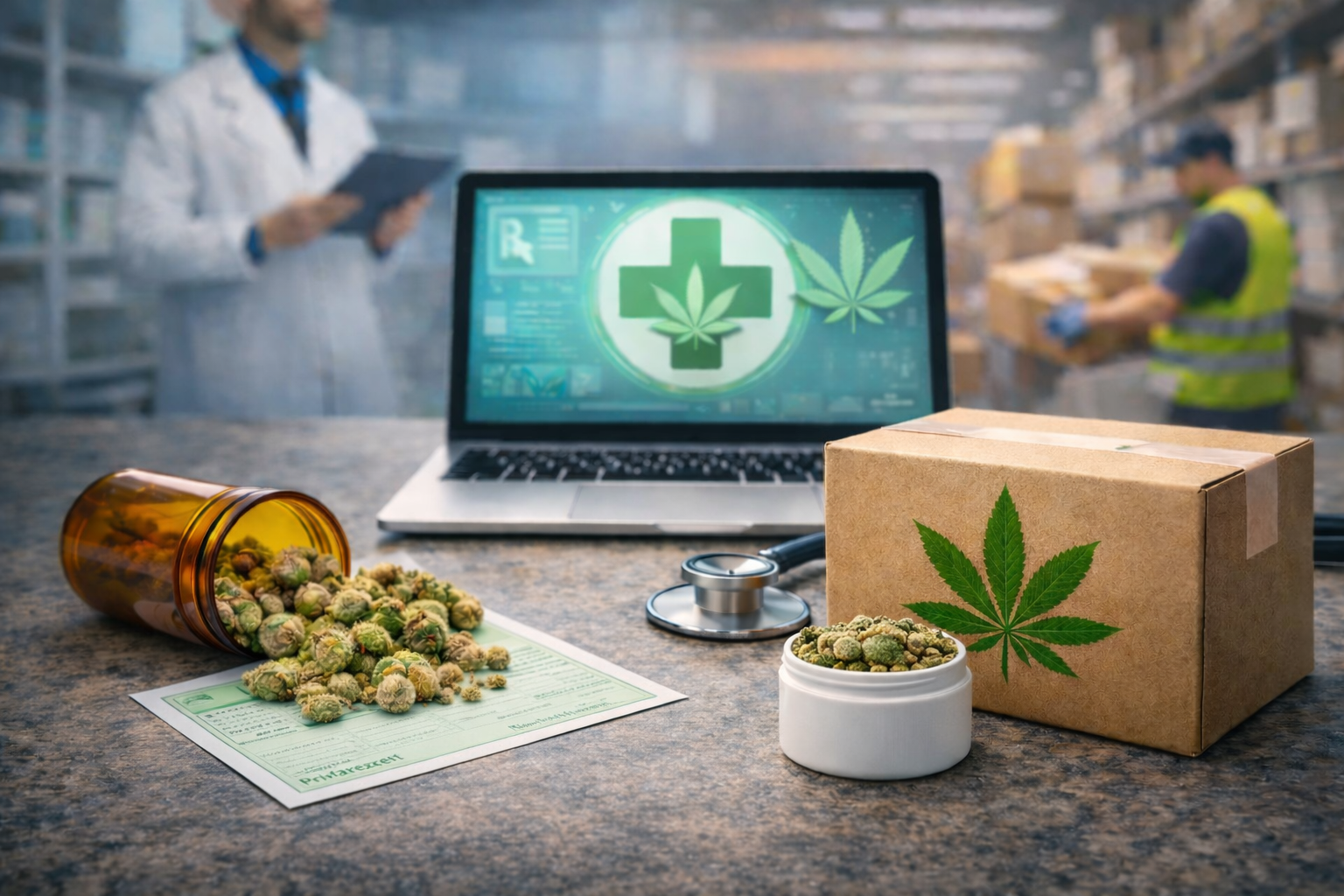 Cannabis-Rezept online Vergleich: medizinische Cannabisblüten, Versandpaket und Privatrezept als Symbol für Telemedizinanbieter